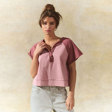 Load image into Gallery viewer, Pink Shorter Length Raglan Colourblock Short Sleeve Button Henley T-Shirt