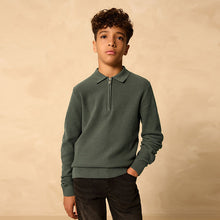 Load image into Gallery viewer, Green Long Sleeve Zip Neck Knitted Polo Shirt (3-12yrs)