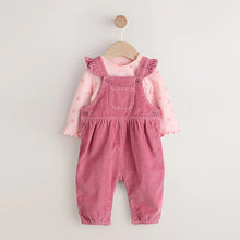 Load image into Gallery viewer, Pink Ditsy Baby Print Long Sleeve Bodysuit and Cord Dungarees Set 2 Piece (0-18mths)