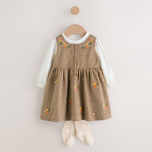 Load image into Gallery viewer, Olive Green Embroidered Baby Cord Pinafore Long Sleeve Bodysuit & Tights Set (0-18mths)