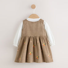 Load image into Gallery viewer, Olive Green Embroidered Baby Cord Pinafore Long Sleeve Bodysuit & Tights Set (0-18mths)