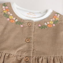 Load image into Gallery viewer, Olive Green Embroidered Baby Cord Pinafore Long Sleeve Bodysuit & Tights Set (0-18mths)