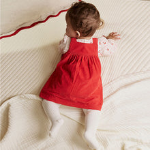 Load image into Gallery viewer, Red Bow Baby Cord Pinafore Long Sleeve Bodysuit & Tights Set (0-18mths)