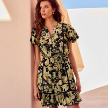 Load image into Gallery viewer, Brown Floral Button Through Lace Insert Mini Dress With Linen