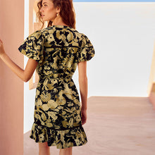 Load image into Gallery viewer, Brown Floral Button Through Lace Insert Mini Dress With Linen