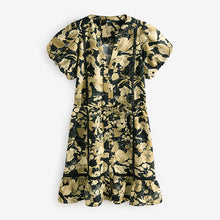 Load image into Gallery viewer, Brown Floral Button Through Lace Insert Mini Dress With Linen