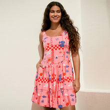Load image into Gallery viewer, Bright Pink Tropical Print Sleeveless Scoop Neck Waisted Mini Dress