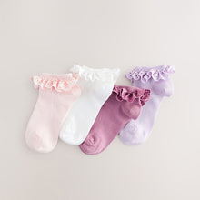 Load image into Gallery viewer, Pink. Purple And White 4 Pack Cotton Rich Ruffle Trainer Socks