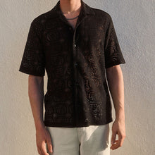Load image into Gallery viewer, Black Short Sleeve Crochet Shirt with Cuban Collar