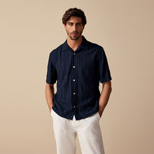 Load image into Gallery viewer, Navy Blue 100% Cotton Textured Stripe Short Sleeve Shirt