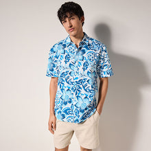 Load image into Gallery viewer, Blue Watercolour Floral Printed Short Sleeve 100% Cotton Shirt