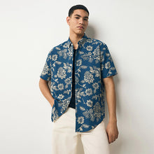 Load image into Gallery viewer, Blue 100% Cotton Textured Floral Print Short Sleeve Shirt