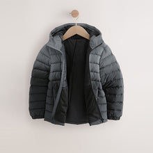 Load image into Gallery viewer, Black/Grey Reflective Quilted Midweight Hooded Jacket (3-12yrs)