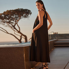 Load image into Gallery viewer, Black Halterneck Maxi Dress With Linen