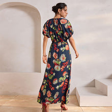 Load image into Gallery viewer, Navy Blue Floral Puff Sleeve Midi Dress