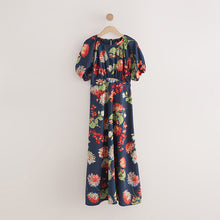 Load image into Gallery viewer, Navy Blue Floral Puff Sleeve Midi Dress