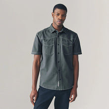 Load image into Gallery viewer, Charcoal Grey Twin Pocket Contrast Stitch Short Sleeve 100% Cotton Shirt