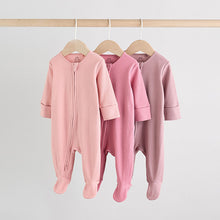 Load image into Gallery viewer, Pink 3 Pack Two Way Zip Baby Sleepsuits (0-18mths)