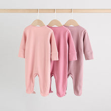 Load image into Gallery viewer, Pink 3 Pack Two Way Zip Baby Sleepsuits (0-18mths)
