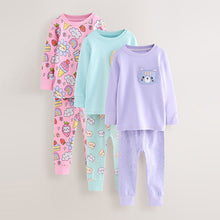 Load image into Gallery viewer, Purple Cat Print Snuggle Pyjamas 3 Pack (3-8yrs)