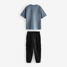 Load image into Gallery viewer, Grey/Blue Utility 100% Cotton Short Sleeve T-Shirt and Joggers Set