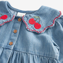 Load image into Gallery viewer, Blue Denim Cherry Embroidered Collar Dress (3mths-6yrs)