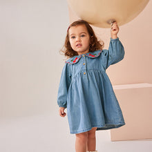 Load image into Gallery viewer, Blue Denim Cherry Embroidered Collar Dress (3mths-6yrs)