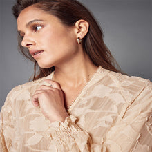 Load image into Gallery viewer, Ecru Jacquard Boho Long Sleeve Tie Neck Blouse