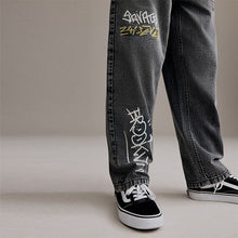 Load image into Gallery viewer, Grey Wide Fit 100% Cotton Graffiti Denim Jeans