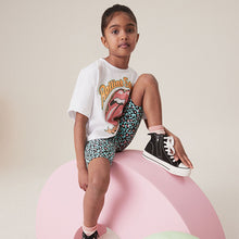 Load image into Gallery viewer, White/Blue Rolling Stones Boxy 100% Cotton T-Shirt And Cycle Shorts Set (4-12yrs)