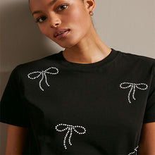 Load image into Gallery viewer, Black 100% Cotton Pearl Bows Embellished Short Sleeve T-Shirt