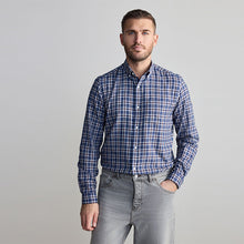 Load image into Gallery viewer, Navy Blue/Ecru White 100% Cotton Signature Brushed Flannel Check Long Sleeve Oxford Shirt