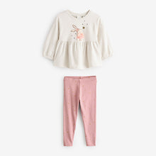 Load image into Gallery viewer, Pink Bunny Peplum 100% Cotton Top and Leggings Set (9mths-6yrs)