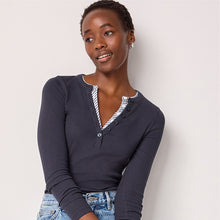 Load image into Gallery viewer, Navy Stripe Long Sleeve Double Collar Henley Top