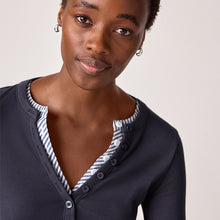 Load image into Gallery viewer, Navy Stripe Long Sleeve Double Collar Henley Top