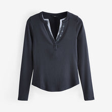 Load image into Gallery viewer, Navy Stripe Long Sleeve Double Collar Henley Top