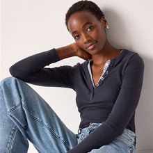 Load image into Gallery viewer, Navy Stripe Long Sleeve Double Collar Henley Top