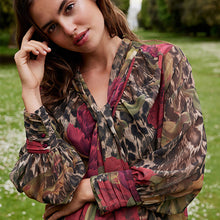 Load image into Gallery viewer, Brown Leopard and Floral Print Long Sleeve Tie Neck Blouse