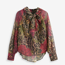 Load image into Gallery viewer, Brown Leopard and Floral Print Long Sleeve Tie Neck Blouse