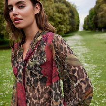 Load image into Gallery viewer, Brown Leopard and Floral Print Long Sleeve Tie Neck Blouse