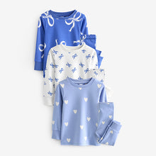 Load image into Gallery viewer, Blue/ Cream Bow Snuggle Pyjamas 3 Pack (1.5 yrs-9yrs)