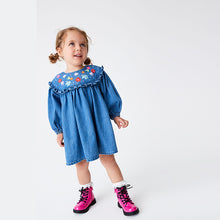 Load image into Gallery viewer, Blue Embroidered Denim Dress (3mths-6yrs)