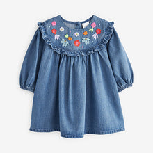 Load image into Gallery viewer, Blue Embroidered Denim Dress (3mths-6yrs)