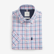 Load image into Gallery viewer, Pink/Blue Gingham Check Regular Fit Short Sleeve Easy Iron Button Down Oxford Shirt