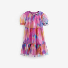 Load image into Gallery viewer, Pink/Purple Rainbow Sparkle Sparkle Mesh Short Sleeve Tiered Party Dress (3-12yrs)