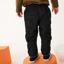 Load image into Gallery viewer, Black Lined 100% Cotton Cargo Trousers (3mths-6yrs)