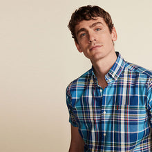 Load image into Gallery viewer, Blue Check Regular Fit Short Sleeve Easy Iron Button Down Oxford Shirt