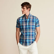 Load image into Gallery viewer, Blue Check Regular Fit Short Sleeve Easy Iron Button Down Oxford Shirt