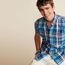 Load image into Gallery viewer, Blue Check Regular Fit Short Sleeve Easy Iron Button Down Oxford Shirt
