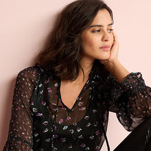 Load image into Gallery viewer, Black Floral Long Sleeve V-Neck Sheer Blouse with Lace Trim Detail